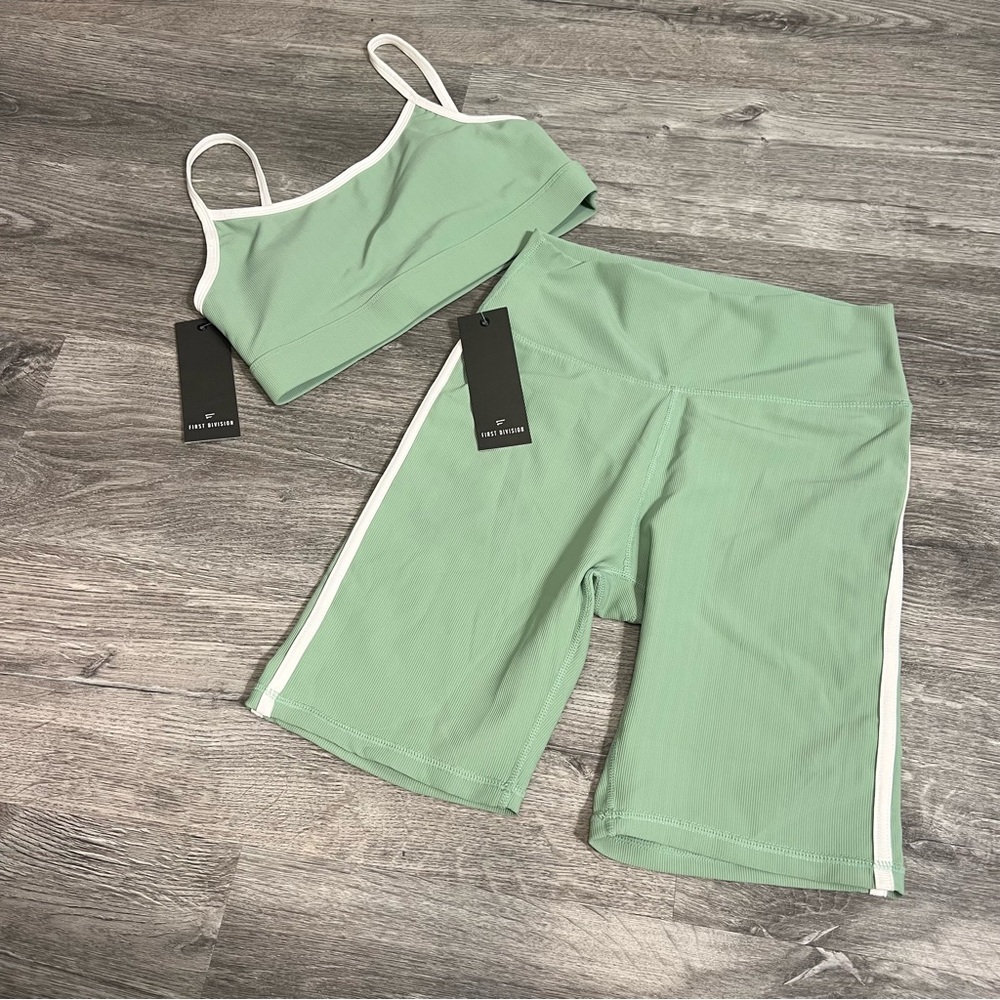 First‎ Division Biker Shorts and Sports Bra Set Sage white accent NWT Medium